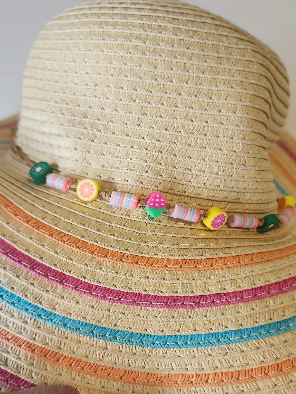 Straw Sun Hat with Multicolor Stripes and Cute Bead Trim Foldable - Picture 2 of 7